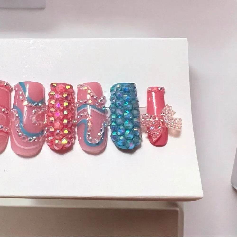 Handmade Pink Blue Rhinestone Glitter Bow Press On Nails Size XS Medium Length